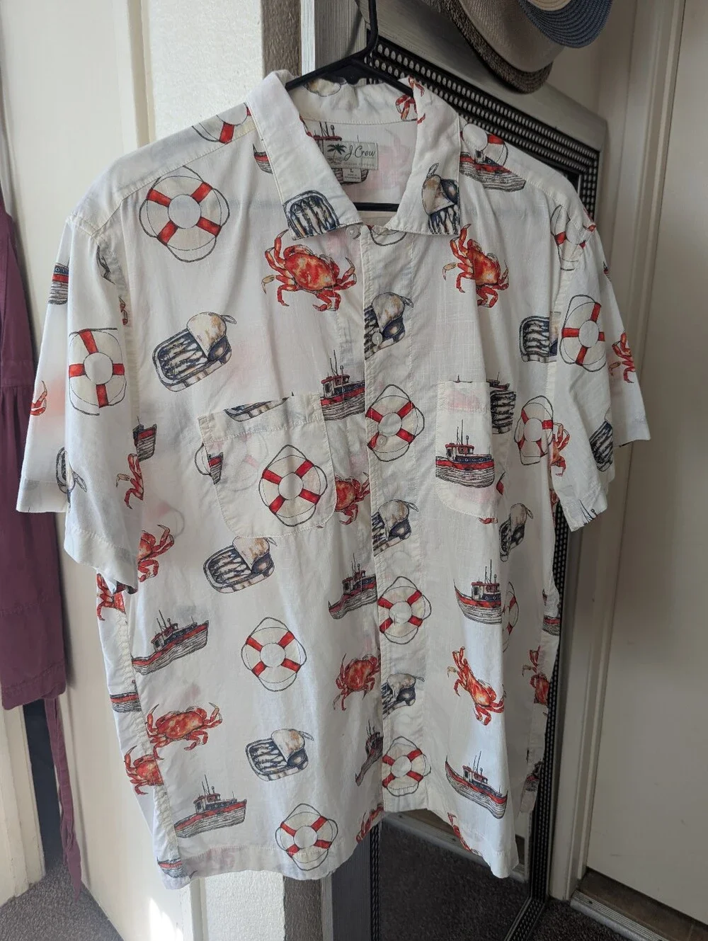 J. Crew Nautical Themed Print Camp Collar Cotton Shirt Tinned Fish Crab Boats
